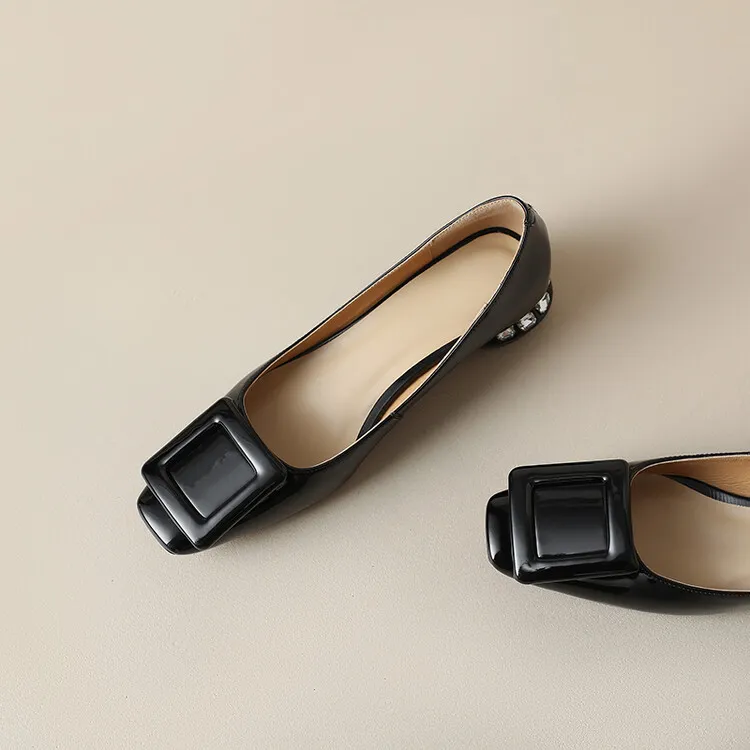 Silver, black, burgundy square buckle fashion shoes, low-cut rhinestone chunky heel, square toe, 3-22a