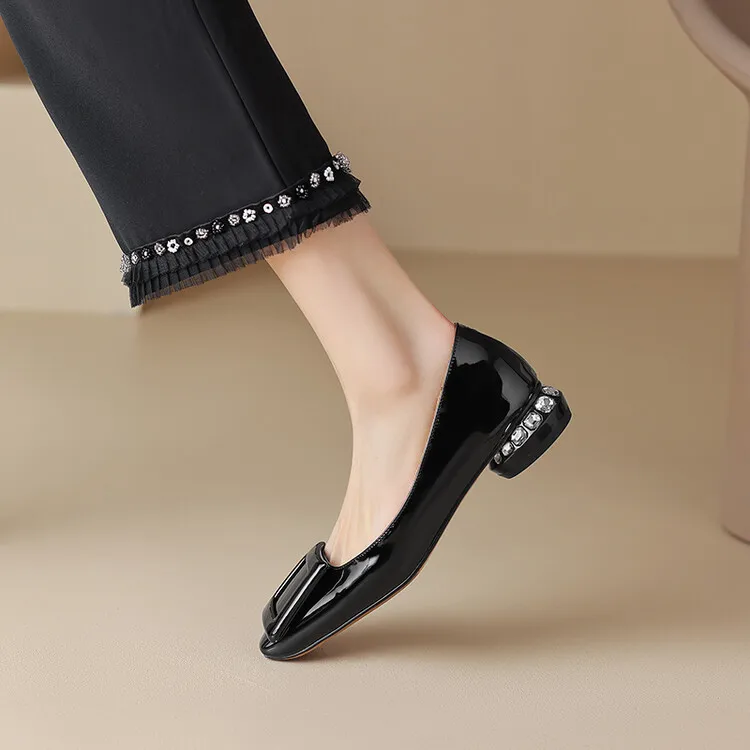 Silver, black, burgundy square buckle fashion shoes, low-cut rhinestone chunky heel, square toe, 3-22a