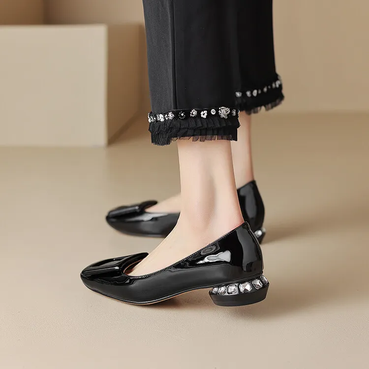 Silver, black, burgundy square buckle fashion shoes, low-cut rhinestone chunky heel, square toe, 3-22a
