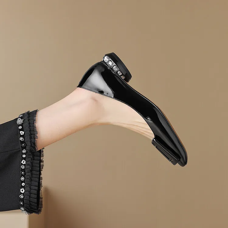 Silver, black, burgundy square buckle fashion shoes, low-cut rhinestone chunky heel, square toe, 3-22a