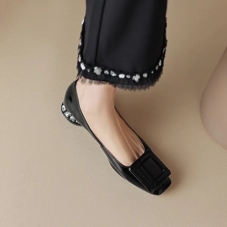 Silver, black, burgundy square buckle fashion shoes, low-cut rhinestone chunky heel, square toe, 3-22a