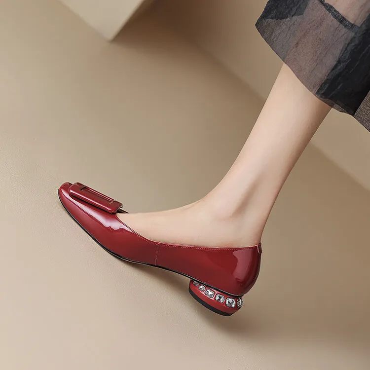Silver, black, burgundy square buckle fashion shoes, low-cut rhinestone chunky heel, square toe, 3-22a