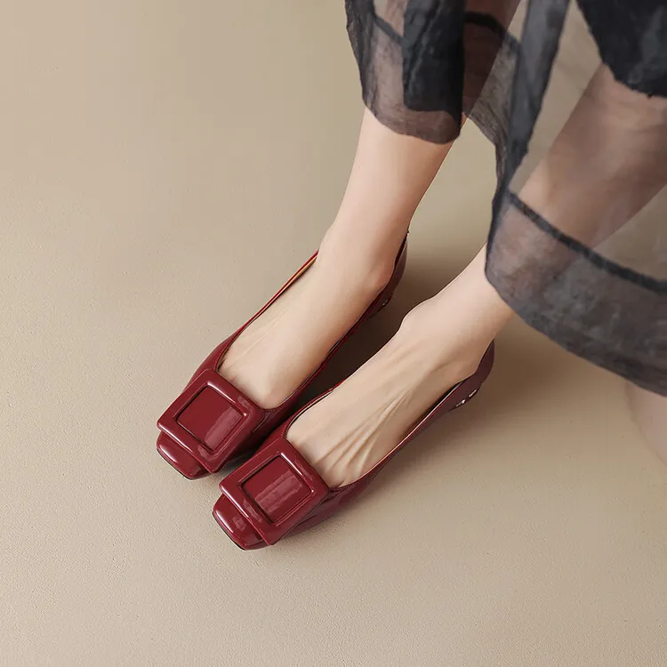 Silver, black, burgundy square buckle fashion shoes, low-cut rhinestone chunky heel, square toe, 3-22a