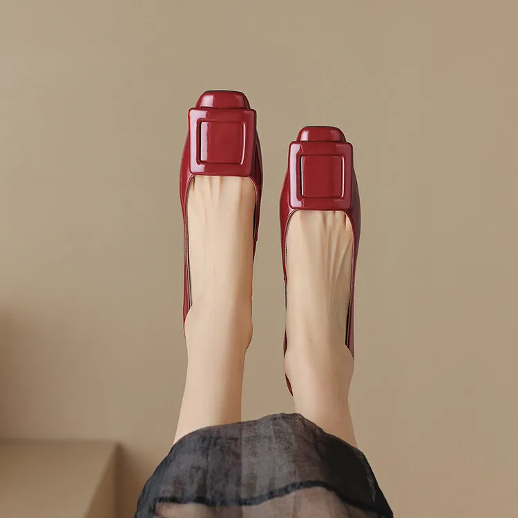 Silver, black, burgundy square buckle fashion shoes, low-cut rhinestone chunky heel, square toe, 3-22a