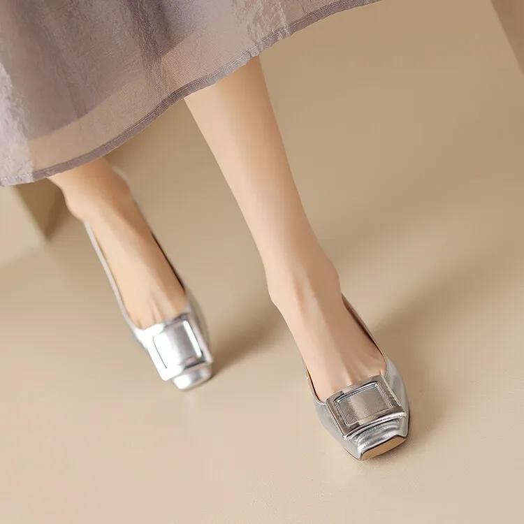 Silver, black, burgundy square buckle fashion shoes, low-cut rhinestone chunky heel, square toe, 3-22a