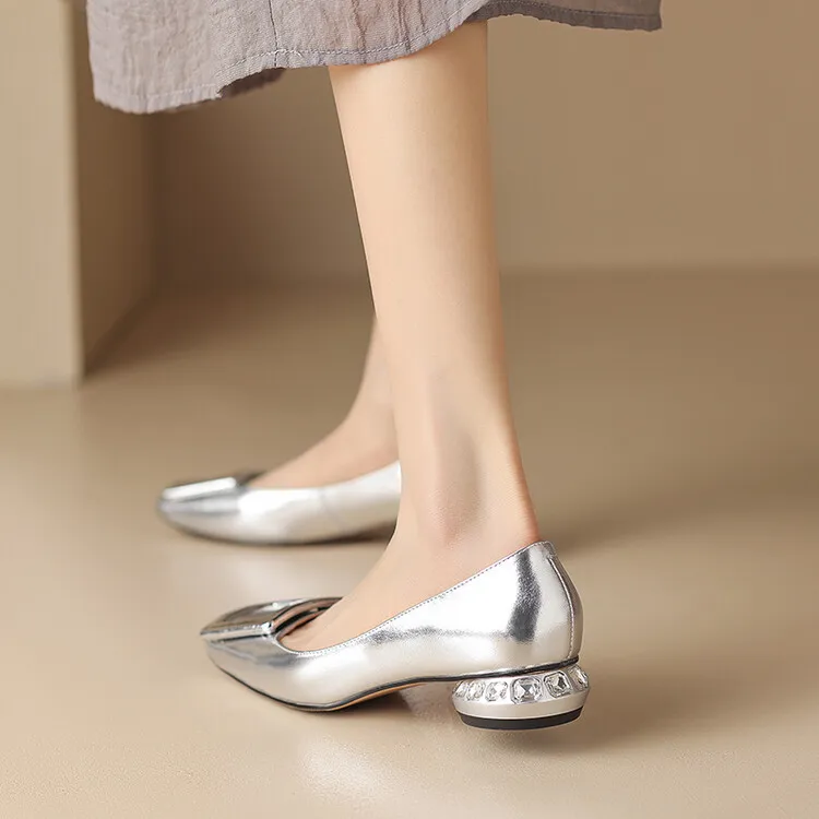 Silver, black, burgundy square buckle fashion shoes, low-cut rhinestone chunky heel, square toe, 3-22a