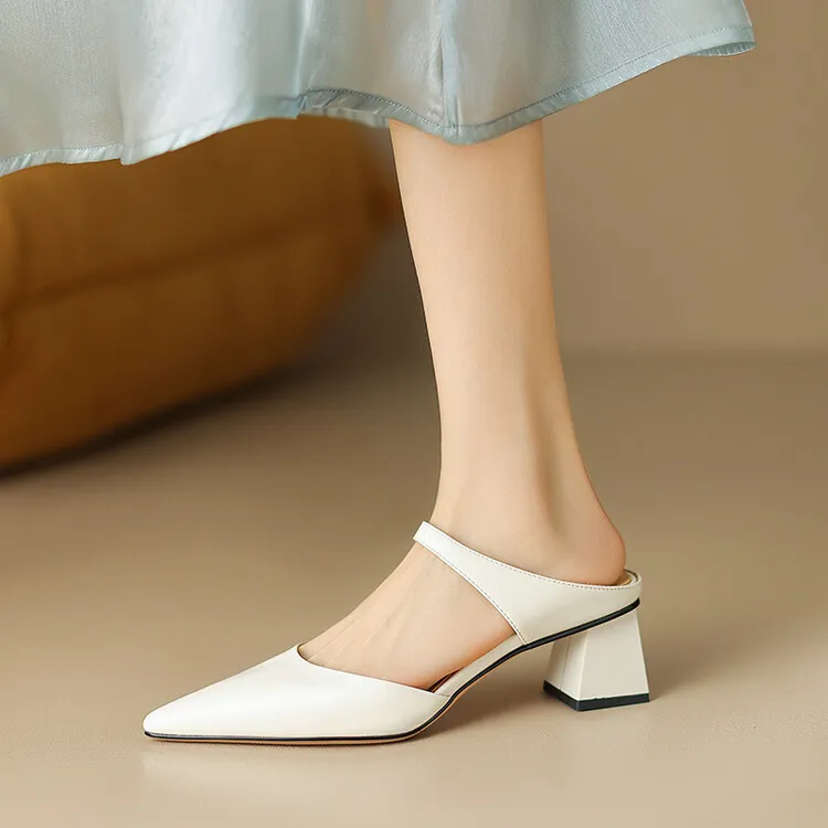 2023 Pointed-Toe Chunky Heel High-Heeled Leather Sandals, Beige/Burgundy, Fashionable, Can Be Worn Outerwear, Slippers, Sizes 3-25
