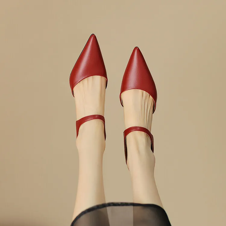 2023 Pointed-Toe Chunky Heel High-Heeled Leather Sandals, Beige/Burgundy, Fashionable, Can Be Worn Outerwear, Slippers, Sizes 3-25