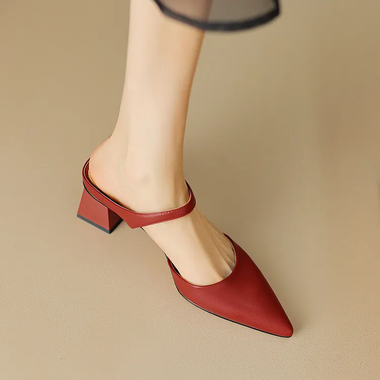 2023 Pointed-Toe Chunky Heel High-Heeled Leather Sandals, Beige/Burgundy, Fashionable, Can Be Worn Outerwear, Slippers, Sizes 3-25