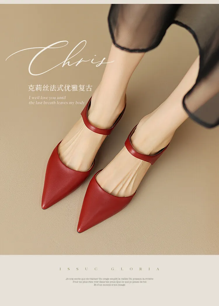 2023 Pointed-Toe Chunky Heel High-Heeled Leather Sandals, Beige/Burgundy, Fashionable, Can Be Worn Outerwear, Slippers, Sizes 3-25