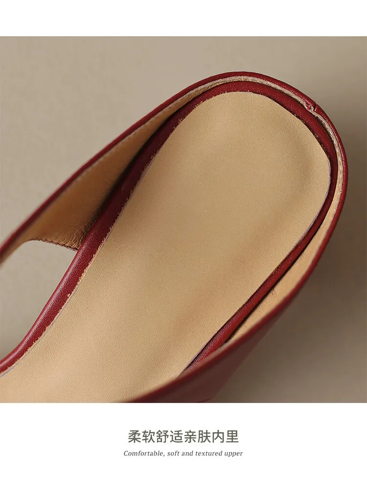 2023 Pointed-Toe Chunky Heel High-Heeled Leather Sandals, Beige/Burgundy, Fashionable, Can Be Worn Outerwear, Slippers, Sizes 3-25