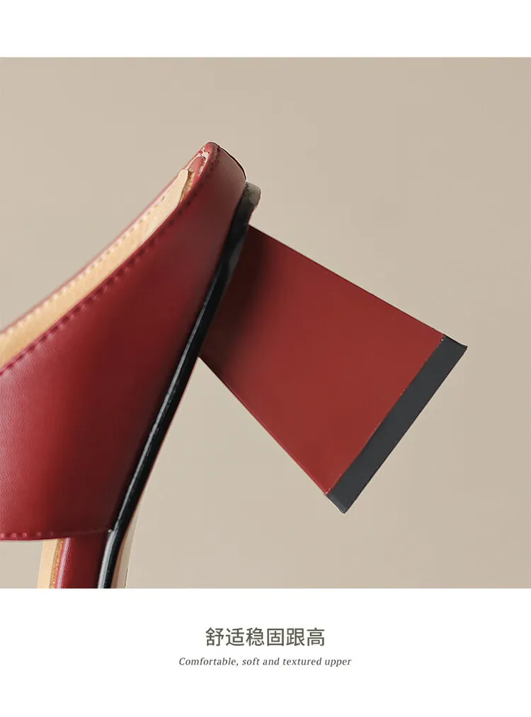 2023 Pointed-Toe Chunky Heel High-Heeled Leather Sandals, Beige/Burgundy, Fashionable, Can Be Worn Outerwear, Slippers, Sizes 3-25
