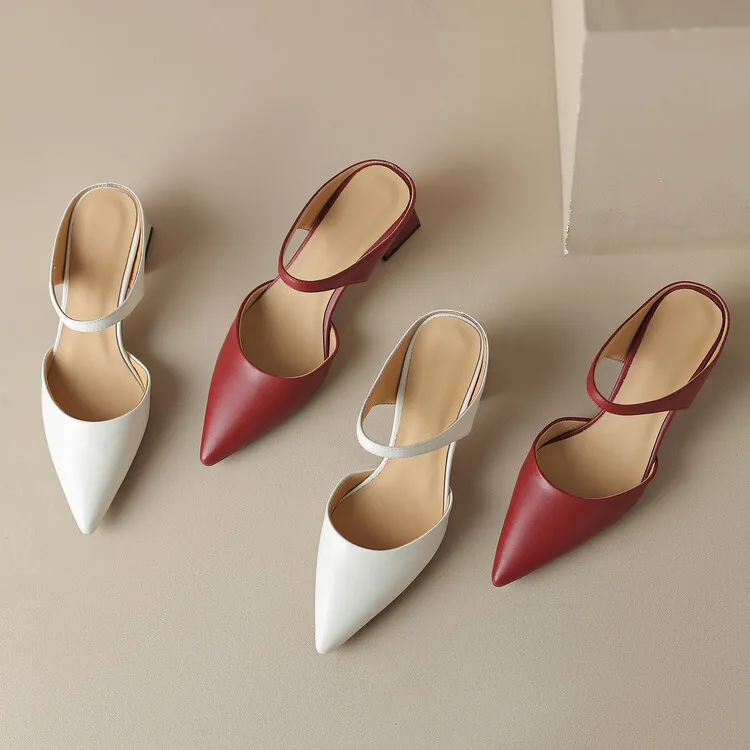 2023 Pointed-Toe Chunky Heel High-Heeled Leather Sandals, Beige/Burgundy, Fashionable, Can Be Worn Outerwear, Slippers, Sizes 3-25