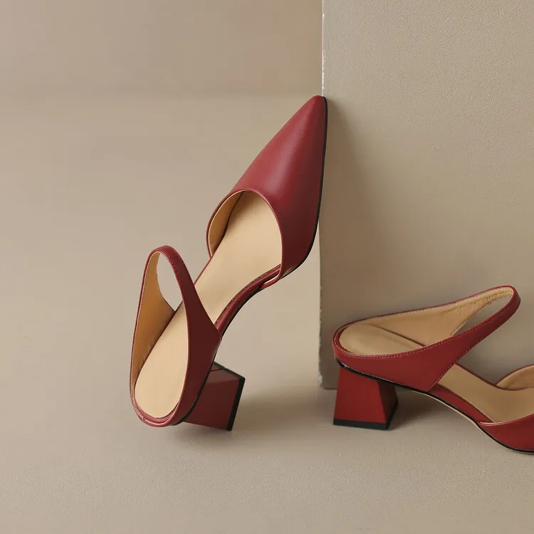 2023 Pointed-Toe Chunky Heel High-Heeled Leather Sandals, Beige/Burgundy, Fashionable, Can Be Worn Outerwear, Slippers, Sizes 3-25