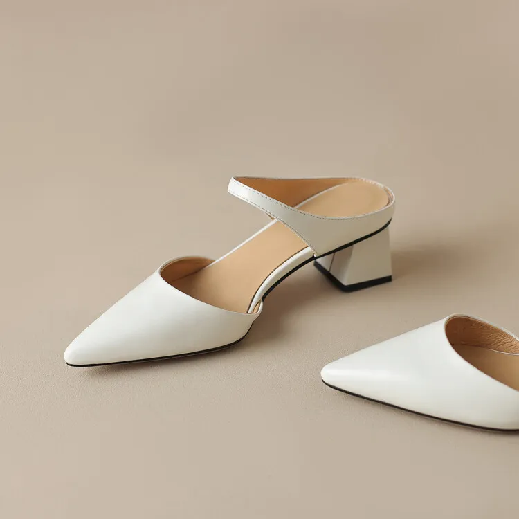 2023 Pointed-Toe Chunky Heel High-Heeled Leather Sandals, Beige/Burgundy, Fashionable, Can Be Worn Outerwear, Slippers, Sizes 3-25