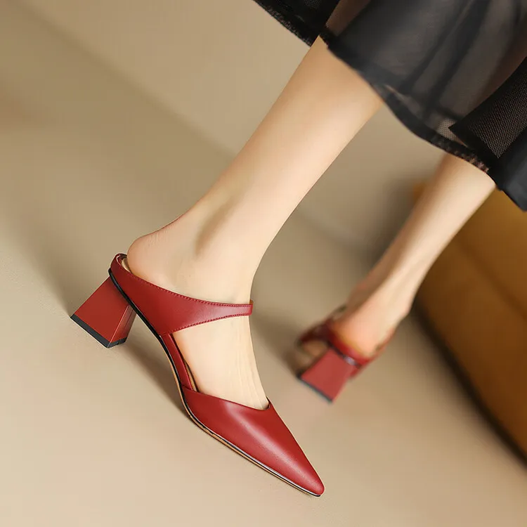 2023 Pointed-Toe Chunky Heel High-Heeled Leather Sandals, Beige/Burgundy, Fashionable, Can Be Worn Outerwear, Slippers, Sizes 3-25