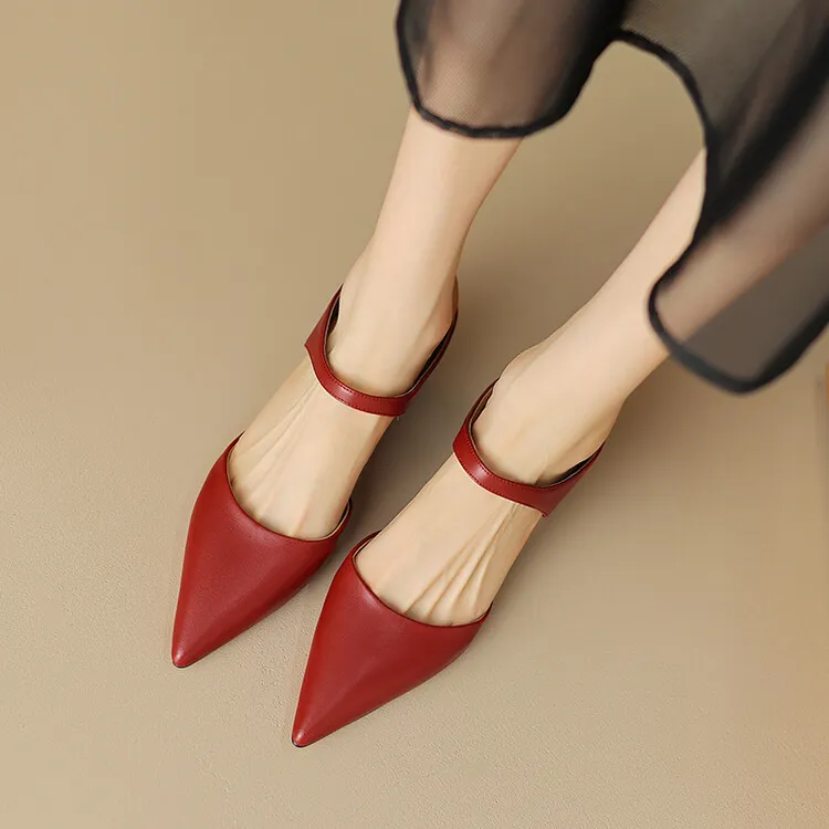 2023 Pointed-Toe Chunky Heel High-Heeled Leather Sandals, Beige/Burgundy, Fashionable, Can Be Worn Outerwear, Slippers, Sizes 3-25