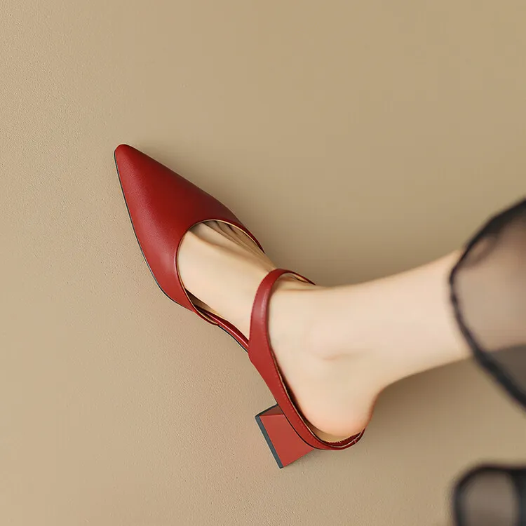 2023 Pointed-Toe Chunky Heel High-Heeled Leather Sandals, Beige/Burgundy, Fashionable, Can Be Worn Outerwear, Slippers, Sizes 3-25