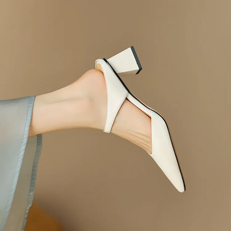 2023 Pointed-Toe Chunky Heel High-Heeled Leather Sandals, Beige/Burgundy, Fashionable, Can Be Worn Outerwear, Slippers, Sizes 3-25
