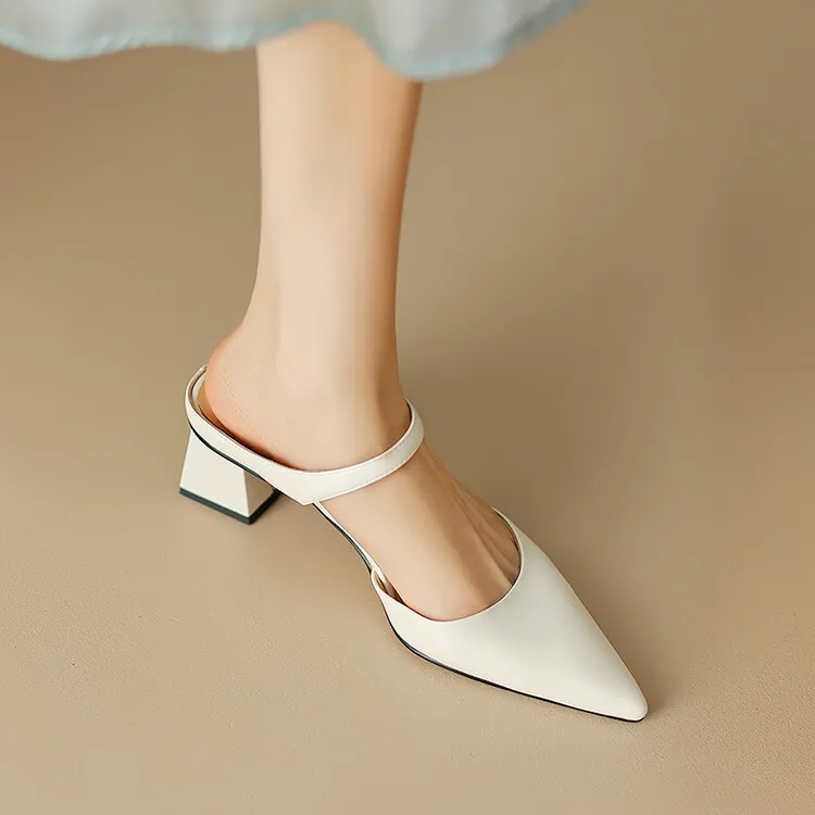2023 Pointed-Toe Chunky Heel High-Heeled Leather Sandals, Beige/Burgundy, Fashionable, Can Be Worn Outerwear, Slippers, Sizes 3-25