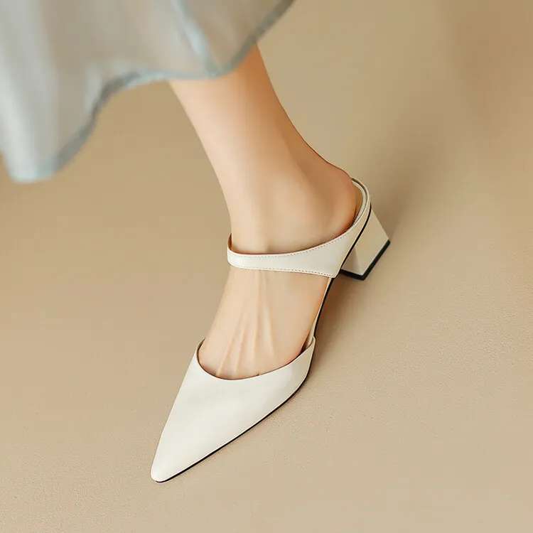 2023 Pointed-Toe Chunky Heel High-Heeled Leather Sandals, Beige/Burgundy, Fashionable, Can Be Worn Outerwear, Slippers, Sizes 3-25