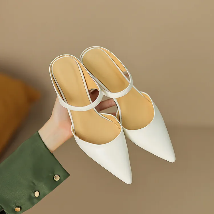 2023 Pointed-Toe Chunky Heel High-Heeled Leather Sandals, Beige/Burgundy, Fashionable, Can Be Worn Outerwear, Slippers, Sizes 3-25