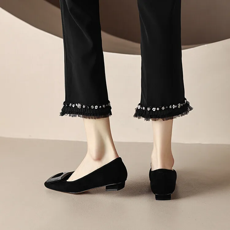 2023 Spring/Summer Square Buckle Low Heel Square Toe Slip-on Korean Style Sweet Women's Shoes 3-29s