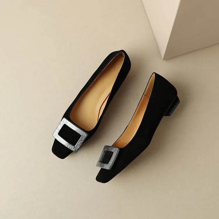 2023 Spring/Summer Square Buckle Low Heel Square Toe Slip-on Korean Style Sweet Women's Shoes 3-29s