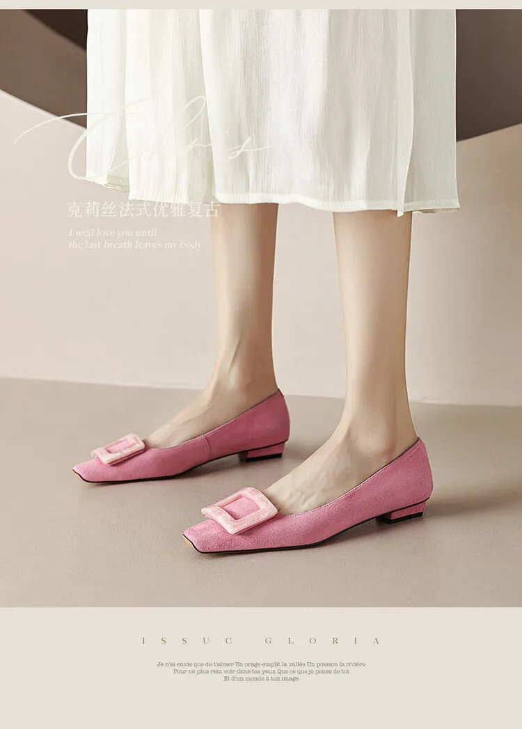 2023 Spring/Summer Square Buckle Low Heel Square Toe Slip-on Korean Style Sweet Women's Shoes 3-29s