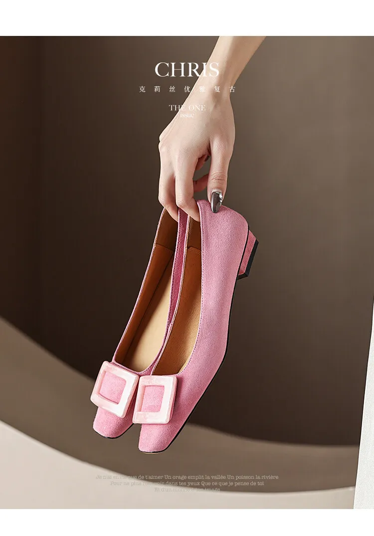 2023 Spring/Summer Square Buckle Low Heel Square Toe Slip-on Korean Style Sweet Women's Shoes 3-29s