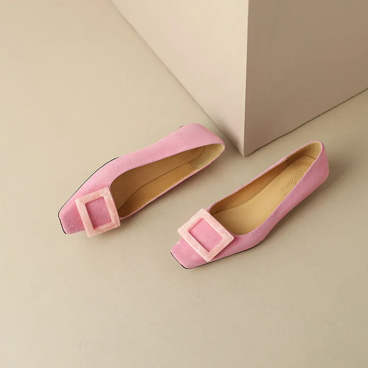 2023 Spring/Summer Square Buckle Low Heel Square Toe Slip-on Korean Style Sweet Women's Shoes 3-29s