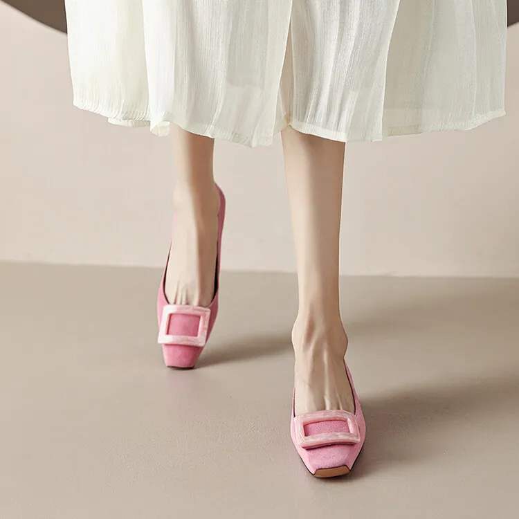 2023 Spring/Summer Square Buckle Low Heel Square Toe Slip-on Korean Style Sweet Women's Shoes 3-29s