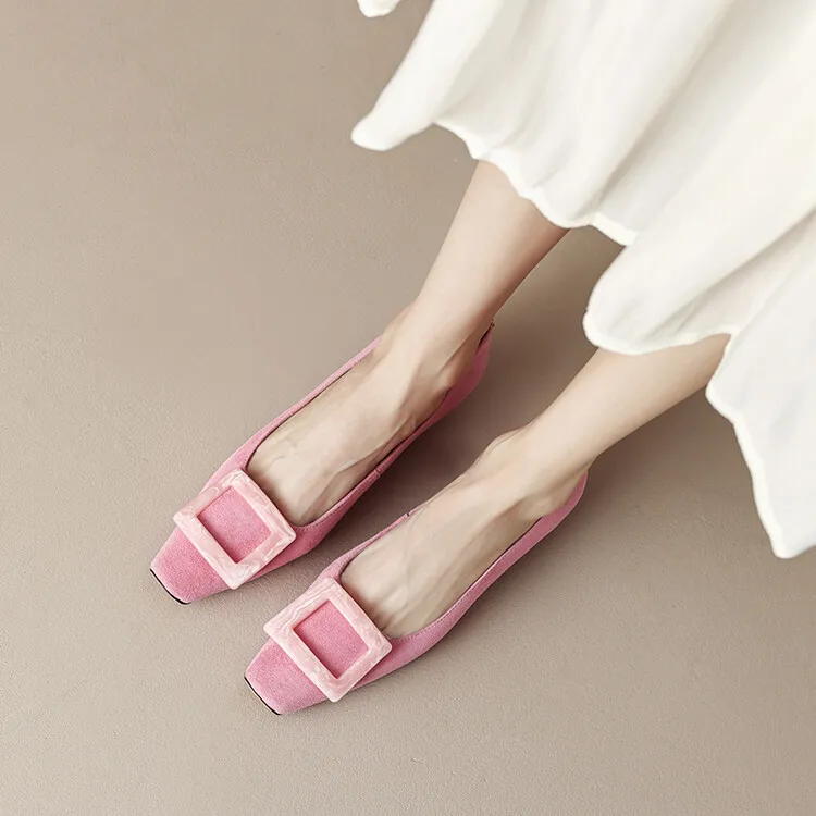 2023 Spring/Summer Square Buckle Low Heel Square Toe Slip-on Korean Style Sweet Women's Shoes 3-29s