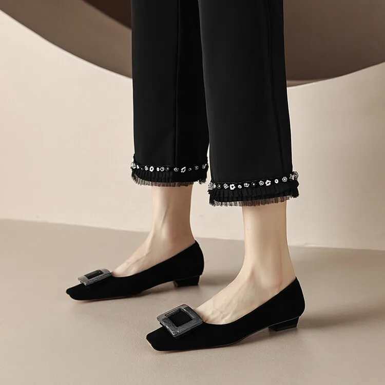 2023 Spring/Summer Square Buckle Low Heel Square Toe Slip-on Korean Style Sweet Women's Shoes 3-29s