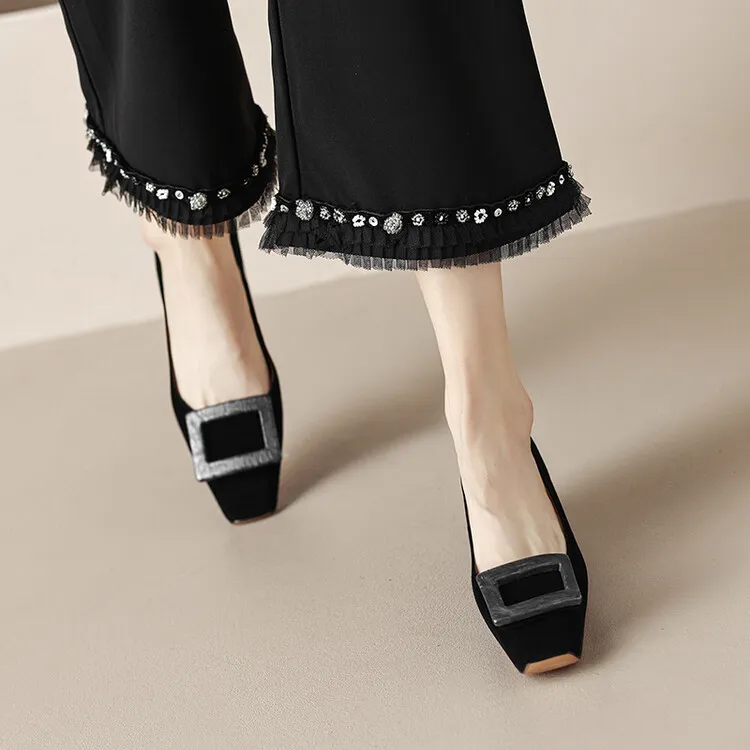 2023 Spring/Summer Square Buckle Low Heel Square Toe Slip-on Korean Style Sweet Women's Shoes 3-29s