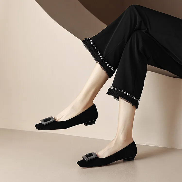 2023 Spring/Summer Square Buckle Low Heel Square Toe Slip-on Korean Style Sweet Women's Shoes 3-29s