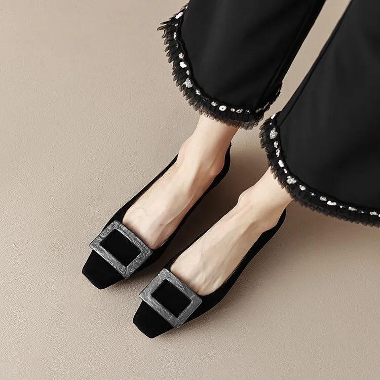 2023 Spring/Summer Square Buckle Low Heel Square Toe Slip-on Korean Style Sweet Women's Shoes 3-29s