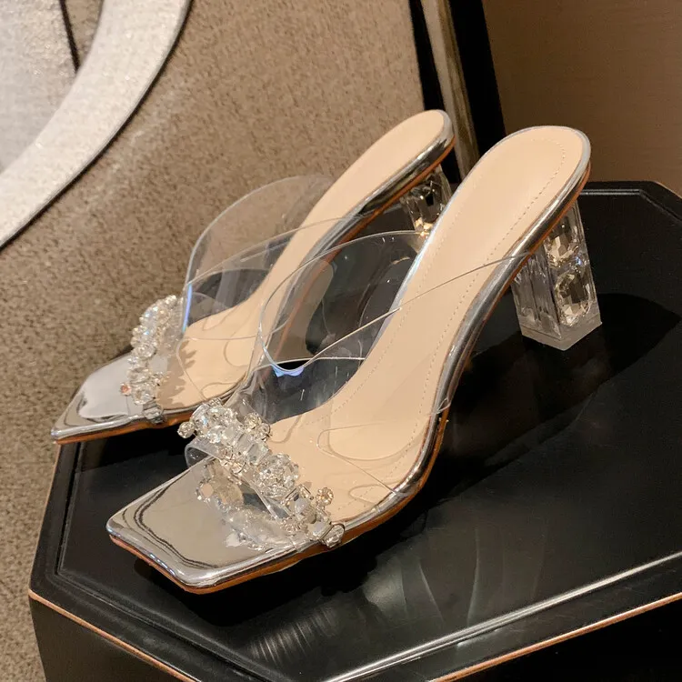 Fashionable chunky heeled square-toe rhinestone sandals, suitable for wearing as outerwear, sexy women's shoes, shiny beaded fairy shoes 4-3h