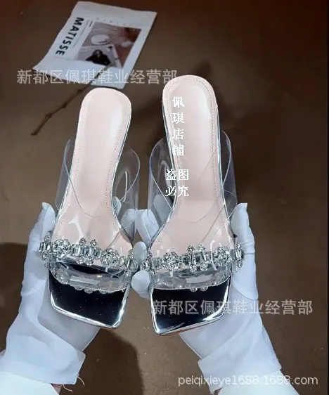 Fashionable chunky heeled square-toe rhinestone sandals, suitable for wearing as outerwear, sexy women's shoes, shiny beaded fairy shoes 4-3h