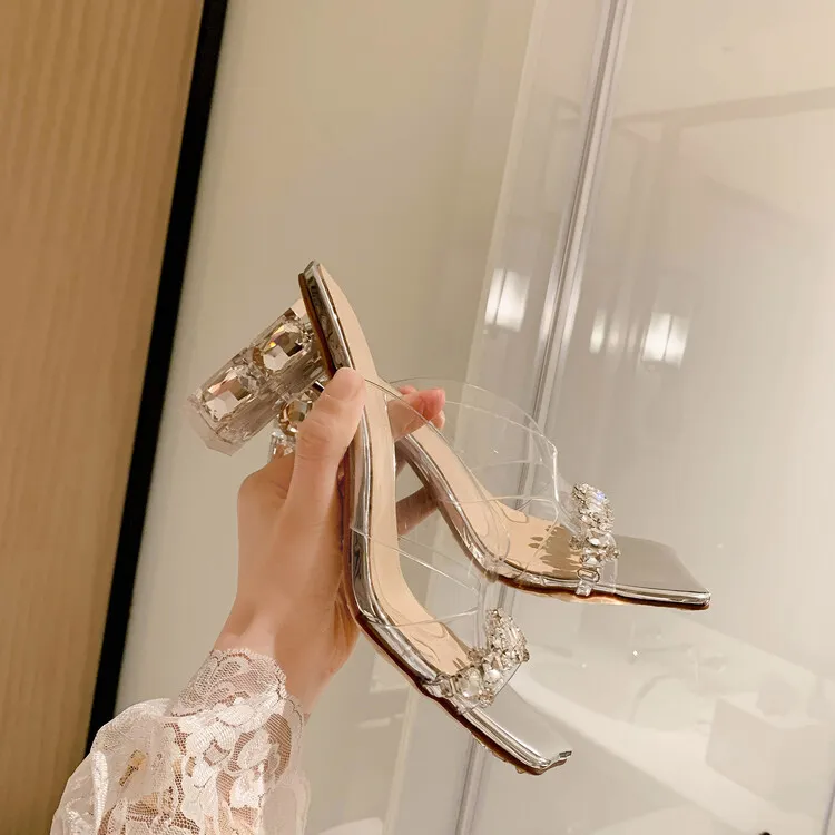 Fashionable chunky heeled square-toe rhinestone sandals, suitable for wearing as outerwear, sexy women's shoes, shiny beaded fairy shoes 4-3h