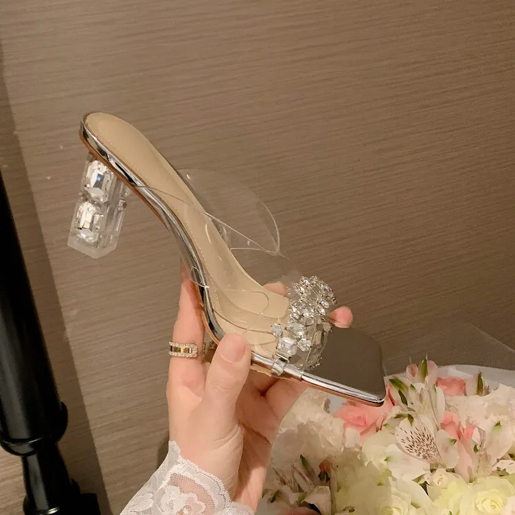 Fashionable chunky heeled square-toe rhinestone sandals, suitable for wearing as outerwear, sexy women's shoes, shiny beaded fairy shoes 4-3h
