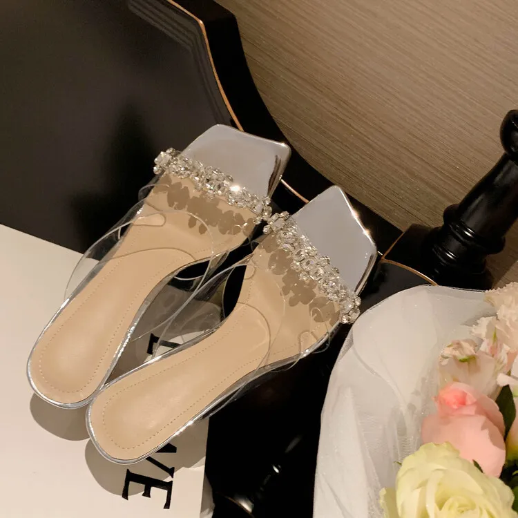 Fashionable chunky heeled square-toe rhinestone sandals, suitable for wearing as outerwear, sexy women's shoes, shiny beaded fairy shoes 4-3h