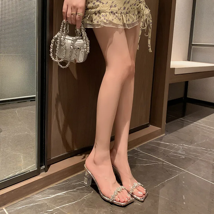 Fashionable chunky heeled square-toe rhinestone sandals, suitable for wearing as outerwear, sexy women's shoes, shiny beaded fairy shoes 4-3h