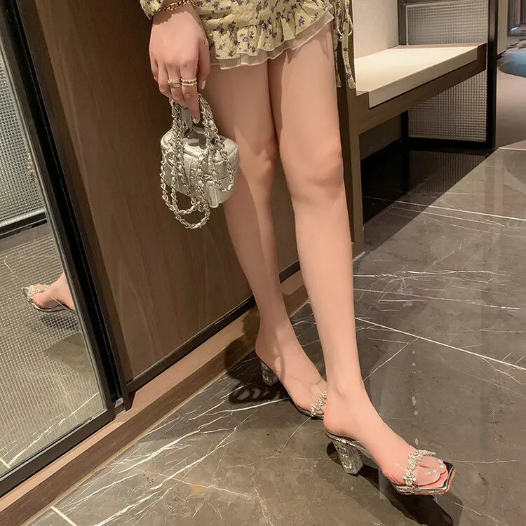 Fashionable chunky heeled square-toe rhinestone sandals, suitable for wearing as outerwear, sexy women's shoes, shiny beaded fairy shoes 4-3h
