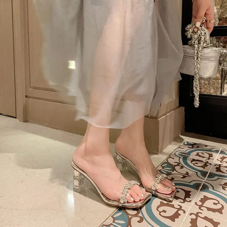 Fashionable chunky heeled square-toe rhinestone sandals, suitable for wearing as outerwear, sexy women's shoes, shiny beaded fairy shoes 4-3h