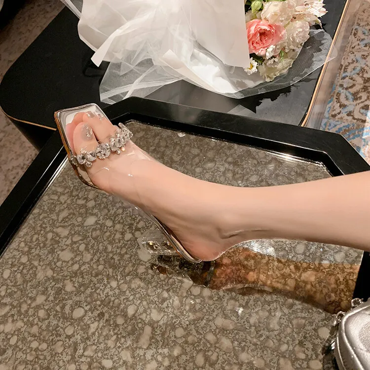 Fashionable chunky heeled square-toe rhinestone sandals, suitable for wearing as outerwear, sexy women's shoes, shiny beaded fairy shoes 4-3h
