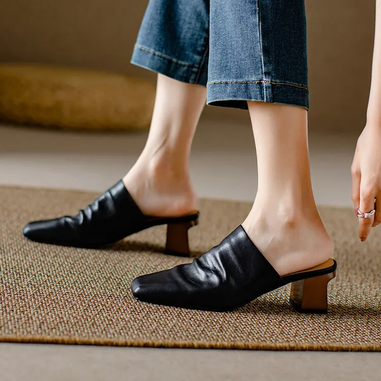 High-end semi-slipper spring/summer style cowhide slippers, comfortable closed toe, chunky heel, high heel, square toe, retro style, women's shoes for outdoor wear, 4-6h