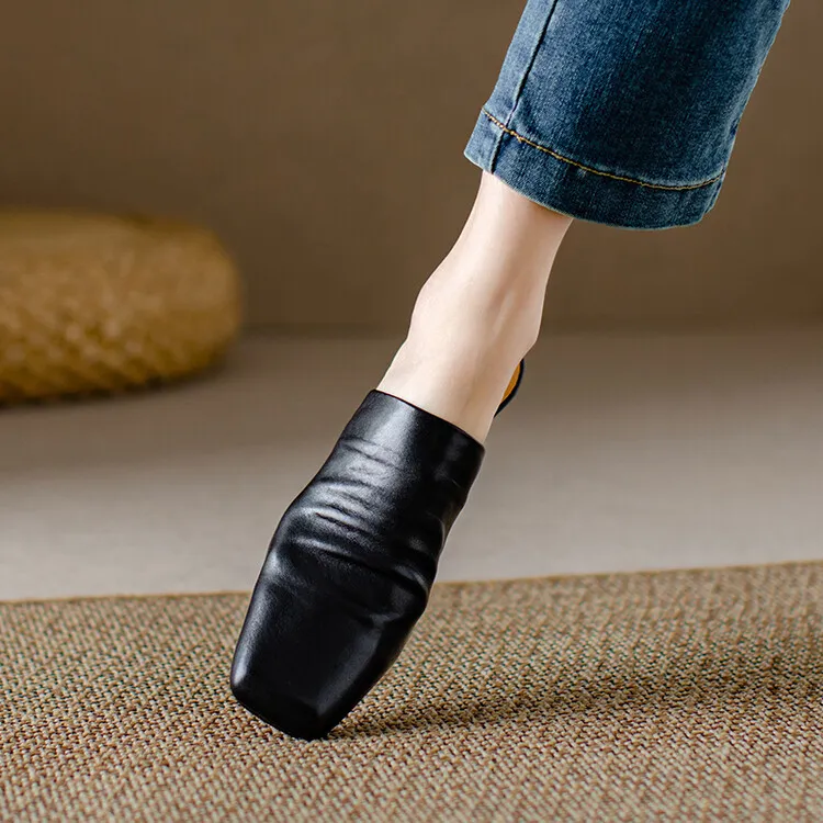 High-end semi-slipper spring/summer style cowhide slippers, comfortable closed toe, chunky heel, high heel, square toe, retro style, women's shoes for outdoor wear, 4-6h