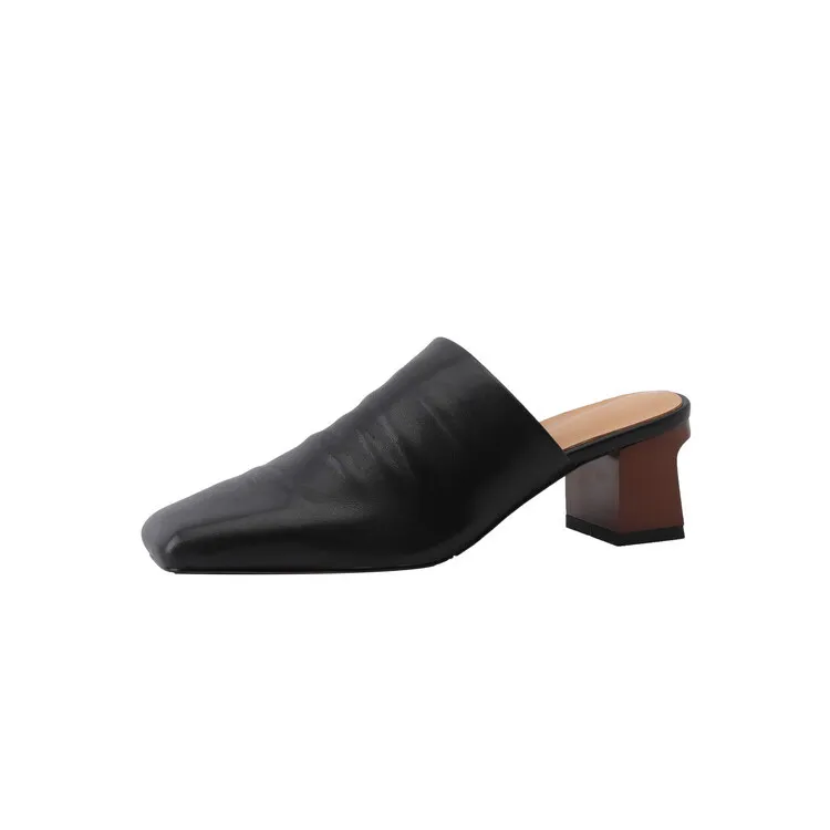 High-end semi-slipper spring/summer style cowhide slippers, comfortable closed toe, chunky heel, high heel, square toe, retro style, women's shoes for outdoor wear, 4-6h