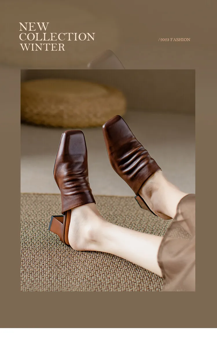 High-end semi-slipper spring/summer style cowhide slippers, comfortable closed toe, chunky heel, high heel, square toe, retro style, women's shoes for outdoor wear, 4-6h